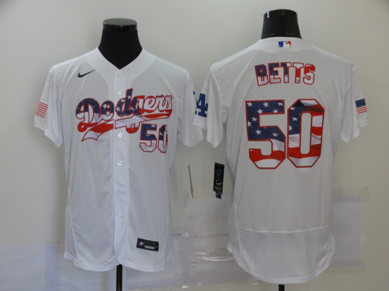 Men's Los Angeles Dodgers #50 Mookie Betts White 2020 Stars & Stripes Flex Base Stitched Jersey